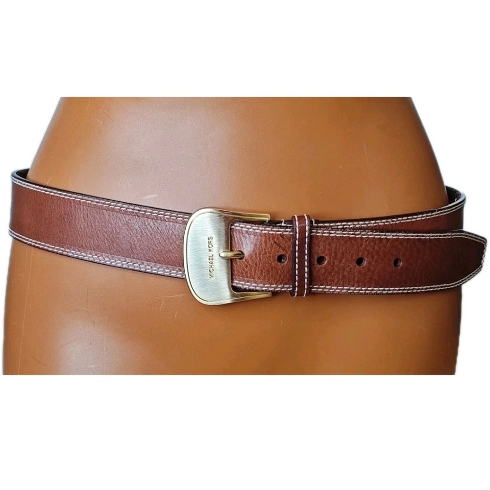 Michael Kors Brown Leather Belt Woman Med 31-34 Gold Buckle Preppy Western Boho - Picture 13 of 13